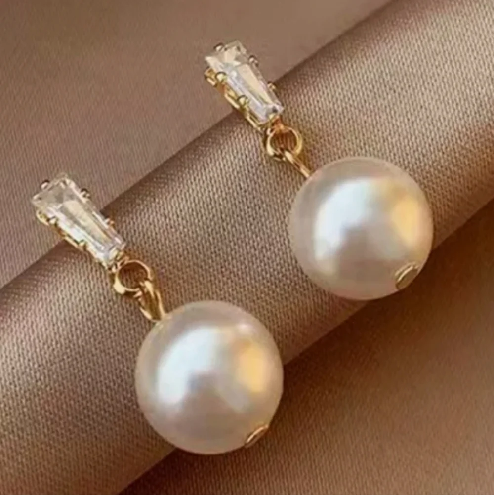 18k Gold Plated Crystal Pearl Dangle Drop Earrings